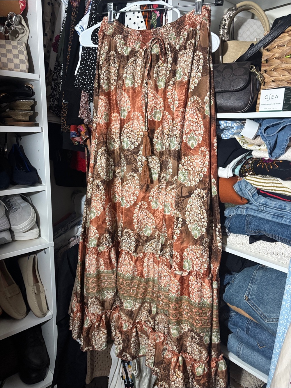 Chelsea & Theodore Rust and Green Floral Tiered Maxi Skirt